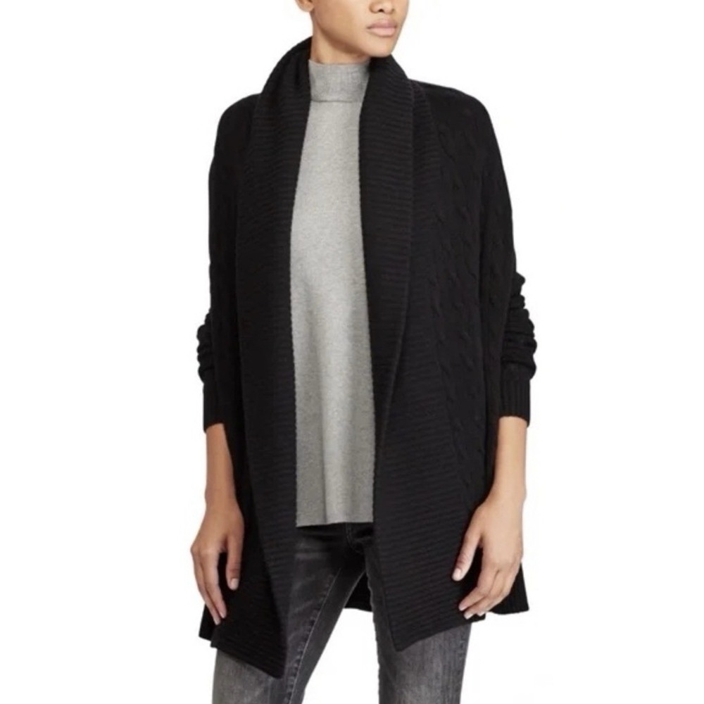 RALPH LAUREN 100% Cashmere Cardigan Cable Sweater BlackShawl Open Quiet Luxury M